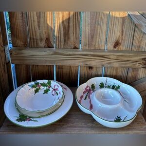 Set of 4 Laurie Gates Los Angeles Pottery Ribbons & Holly Hand Painted Dishes